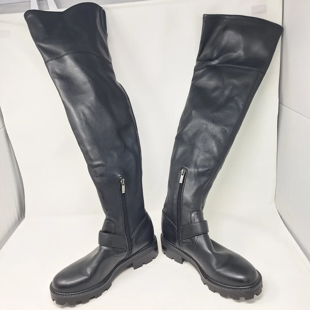 Marc Fisher Ganven Lug Sole Black Biker Thigh-High Boots With Buckles